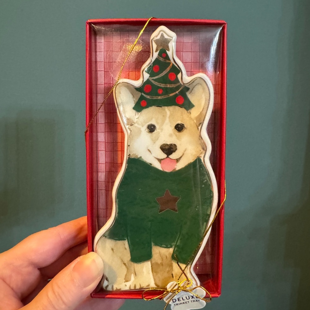 Festive Corgi with Green Sweater Trinket Dish in box